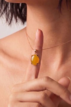 Minimalist Oval Tasarım Sarı Akik Taşlı Kadın Gümüş Kolye Rose Rengi