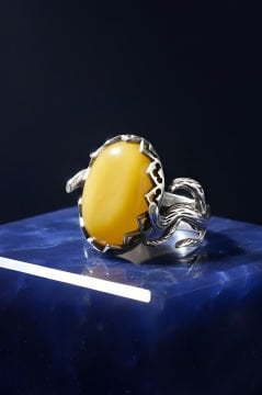 Ağaç Model Sarı Akik Taşlı El İşi Gümüş Yüzük
