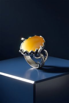 Ağaç Model Sarı Akik Taşlı El İşi Gümüş Yüzük