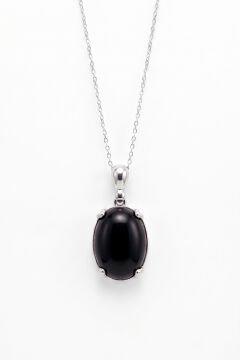 Minimalist Oval Tasarım Oniks Taşlı Kadın Gümüş Kolye Gümüş Rengi