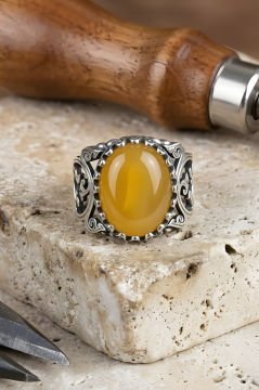 Selçuklu Sarmaşığı Model El İşi Sarı Akik Taşlı Gümüş Yüzük