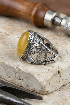 Selçuklu Sarmaşığı Model El İşi Sarı Akik Taşlı Gümüş Yüzük