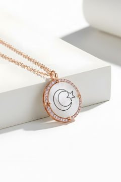 Zirkon Taş Süslemeli Ay Yıldız Gümüş Kolye Rose Rengi