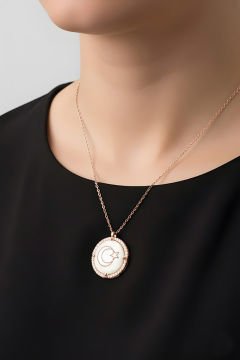 Zirkon Taş Süslemeli Ay Yıldız Gümüş Kolye Rose Rengi
