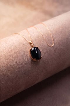 Minimalist Oval Tasarım Oniks Taşlı Kadın Gümüş Kolye Rose Rengi