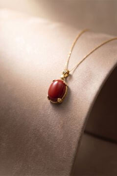 Minimalist Oval Tasarım Mercan Taşlı Kadın Gümüş Kolye Altın Rengi