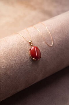 Minimalist Oval Tasarım Mercan Taşlı Kadın Gümüş Kolye Rose Rengi
