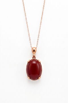 Minimalist Oval Tasarım Mercan Taşlı Kadın Gümüş Kolye Rose Rengi