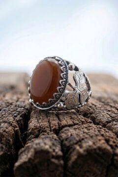 Akik Taşlı Yonca Model El İşçiliği Erkek Gümüş Yüzük