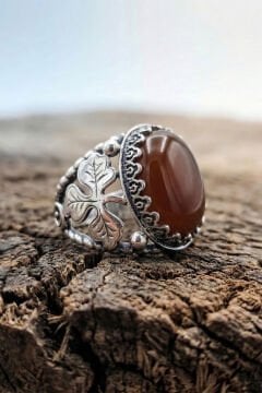 Akik Taşlı Yonca Model El İşçiliği Erkek Gümüş Yüzük