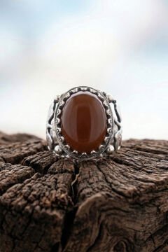 Akik Taşlı Yonca Model El İşçiliği Erkek Gümüş Yüzük