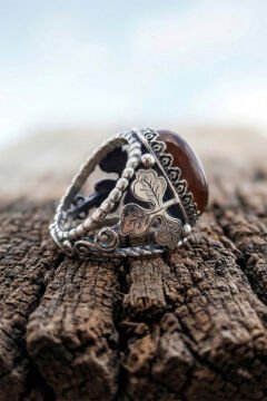 Akik Taşlı Yonca Model El İşçiliği Erkek Gümüş Yüzük