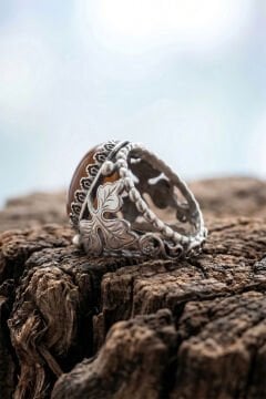 Akik Taşlı Yonca Model El İşçiliği Erkek Gümüş Yüzük