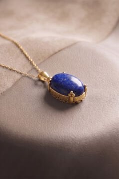 Minimalist Oval Tasarım Lapis Lazuli Taşlı Kadın Gümüş Kolye Altın Rengi