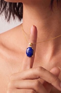 Minimalist Oval Tasarım Lapis Lazuli Taşlı Kadın Gümüş Kolye Altın Rengi