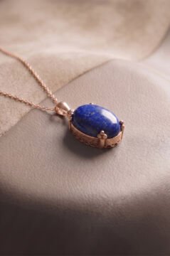 Minimalist Oval Tasarım Lapis Lazuli Taşlı Kadın Gümüş Kolye Rose Rengi