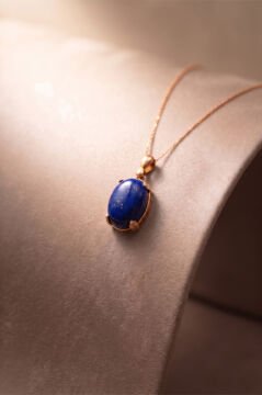 Minimalist Oval Tasarım Lapis Lazuli Taşlı Kadın Gümüş Kolye Rose Rengi