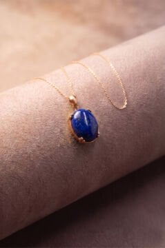 Minimalist Oval Tasarım Lapis Lazuli Taşlı Kadın Gümüş Kolye Rose Rengi