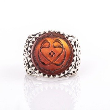 Çift Vav Akik Kazıma El İşi Gümüş Yüzük