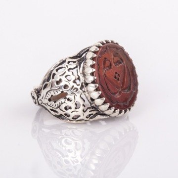 Çift Vav Akik Kazıma El İşi Gümüş Yüzük