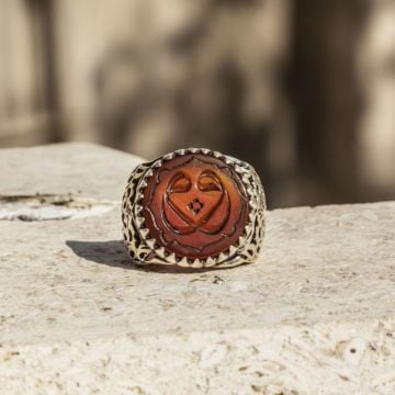 Çift Vav Akik Kazıma El İşi Gümüş Yüzük