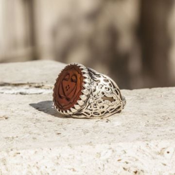 Çift Vav Akik Kazıma El İşi Gümüş Yüzük