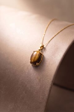 Minimalist Oval Tasarım Kaplangözü Taşlı Kadın Gümüş Kolye Altın Rengi