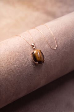 Minimalist Oval Tasarım Kaplangözü Taşlı Kadın Gümüş Kolye Rose Rengi