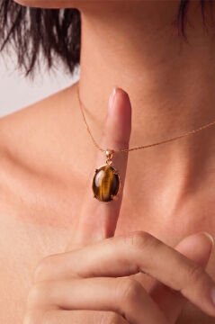 Minimalist Oval Tasarım Kaplangözü Taşlı Kadın Gümüş Kolye Rose Rengi