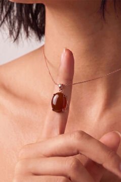 Minimalist Oval Tasarım Akik Taşlı Kadın Gümüş Kolye Rose Rengi