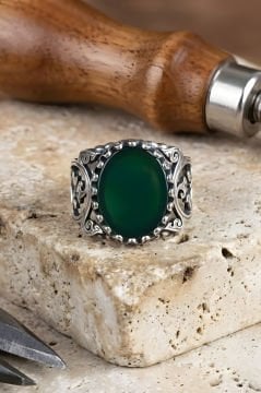 Selçuklu Sarmaşığı Model El İşi Yeşil Akik Taşlı Gümüş Yüzük