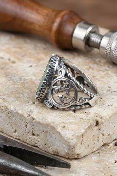 Selçuklu Sarmaşığı Model El İşi Yeşil Akik Taşlı Gümüş Yüzük