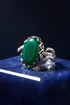 Ağaç Model Yeşil Akik Taşlı El İşi Gümüş Yüzük