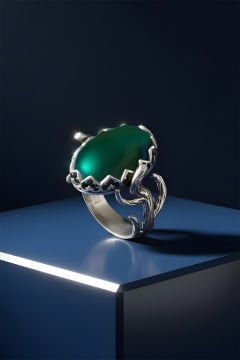 Ağaç Model Yeşil Akik Taşlı El İşi Gümüş Yüzük