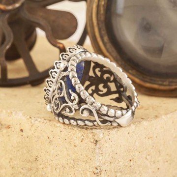 Lapis Lazuli Taşlı El İşi Gümüş Yüzük 15
