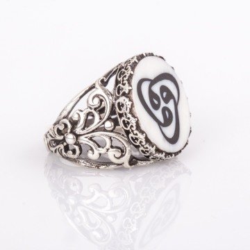 Fil Dişi Üzeri Abanoz Kakma Üçlü Vav El İşi Yüzük