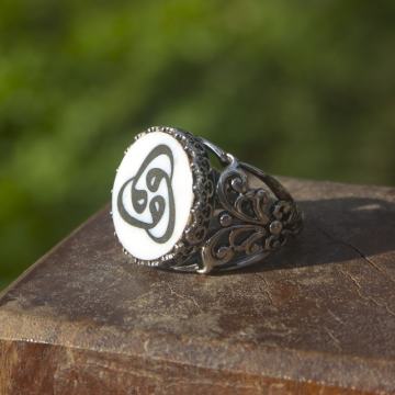 Fil Dişi Üzeri Abanoz Kakma Üçlü Vav El İşi Yüzük