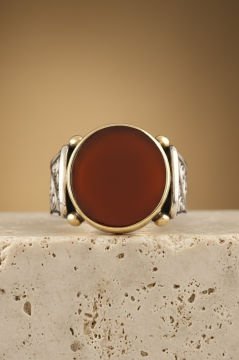 Kalem İşleme Desenli Akik Taşlı Gümüş Yüzük