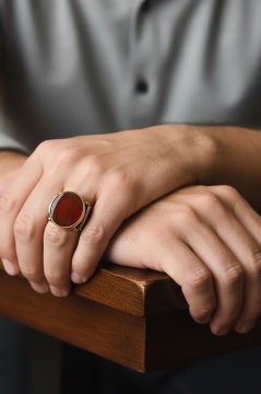 Kalem İşleme Desenli Akik Taşlı Gümüş Yüzük