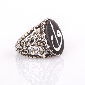 Abanoz Üzeri Fil Dişi Vav Elif Kakma El İşi Yüzük