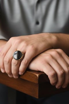 Kalem İşleme Desenli Oniks Taşlı Gümüş Yüzük