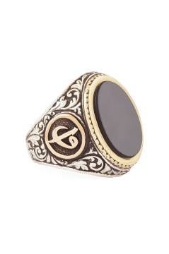 Oniks Taşlı Vav Elif Desenli Gümüş Yüzük