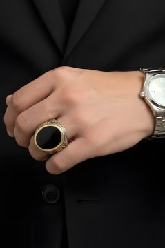 Oniks Taşlı Vav Elif Desenli Gümüş Yüzük