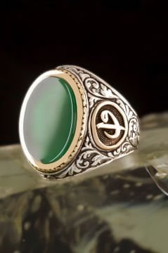 Yeşil Akik Taşlı Vav Elif Desenli Gümüş Yüzük