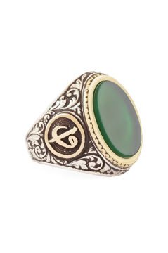 Yeşil Akik Taşlı Vav Elif Desenli Gümüş Yüzük
