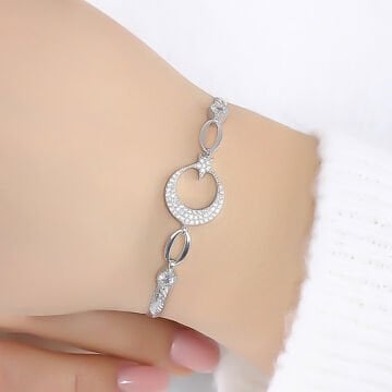 Zirkon Taşlı Ay Yıldız Desenli Gümüş Bileklik