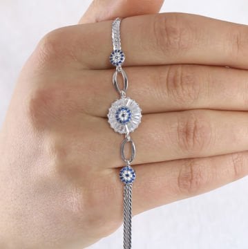 Baget Taşlı Nazar Boncuğu Model Gümüş Bileklik