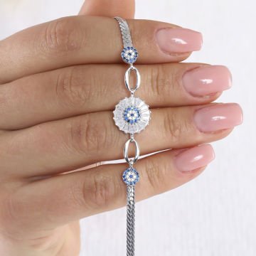 Baget Taşlı Nazar Boncuğu Model Gümüş Bileklik