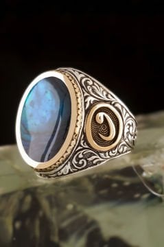 Okyanus Sedefi Taşlı Vav Desenli Gümüş Yüzük