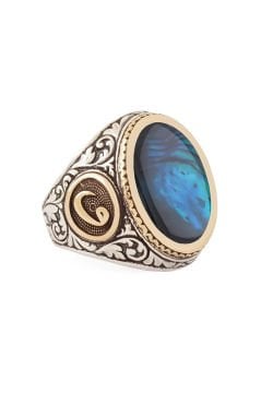 Okyanus Sedefi Taşlı Vav Desenli Gümüş Yüzük